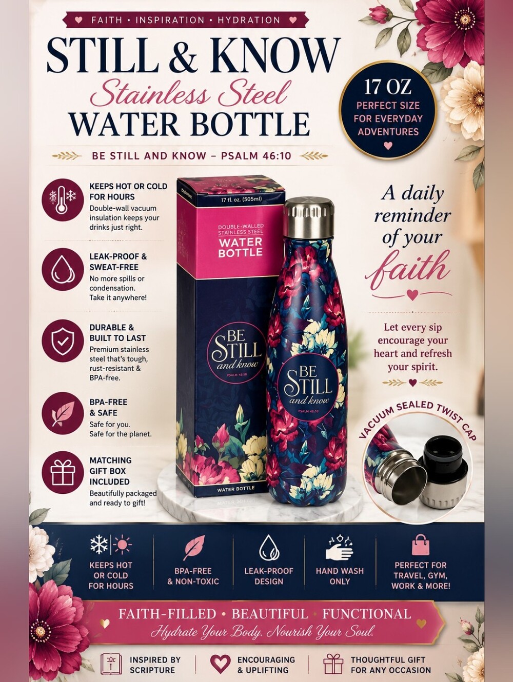 Still & Know Stainless Steel Water Bottle | 17 oz Insulated Christian Tumbler